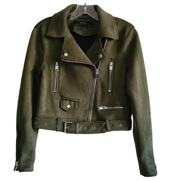 ZARA Outwear Olive Green Faux Suede Belted Moto Biker Jacket Women's Size XS - Picture 2 of 11